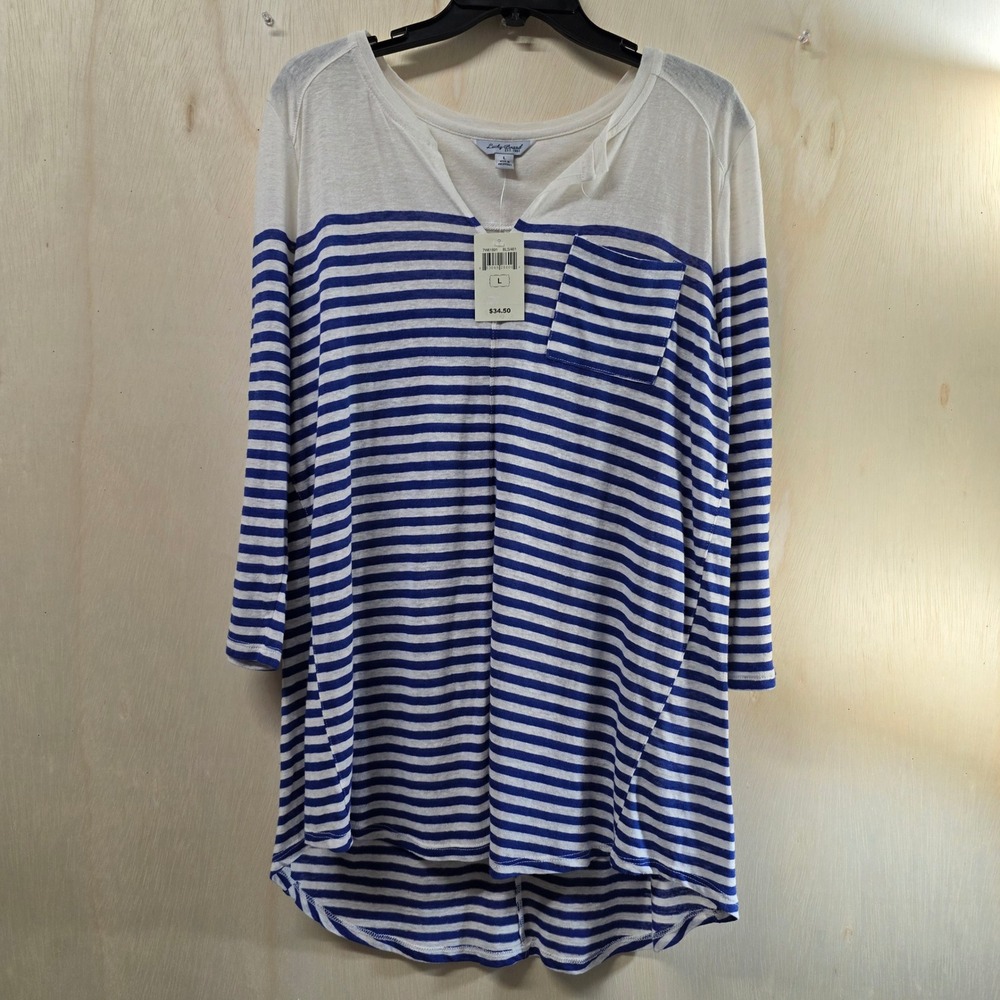 Lucky Brand Women Blue White Striped Linen Blend V-Neck Tunic Top Large NWT